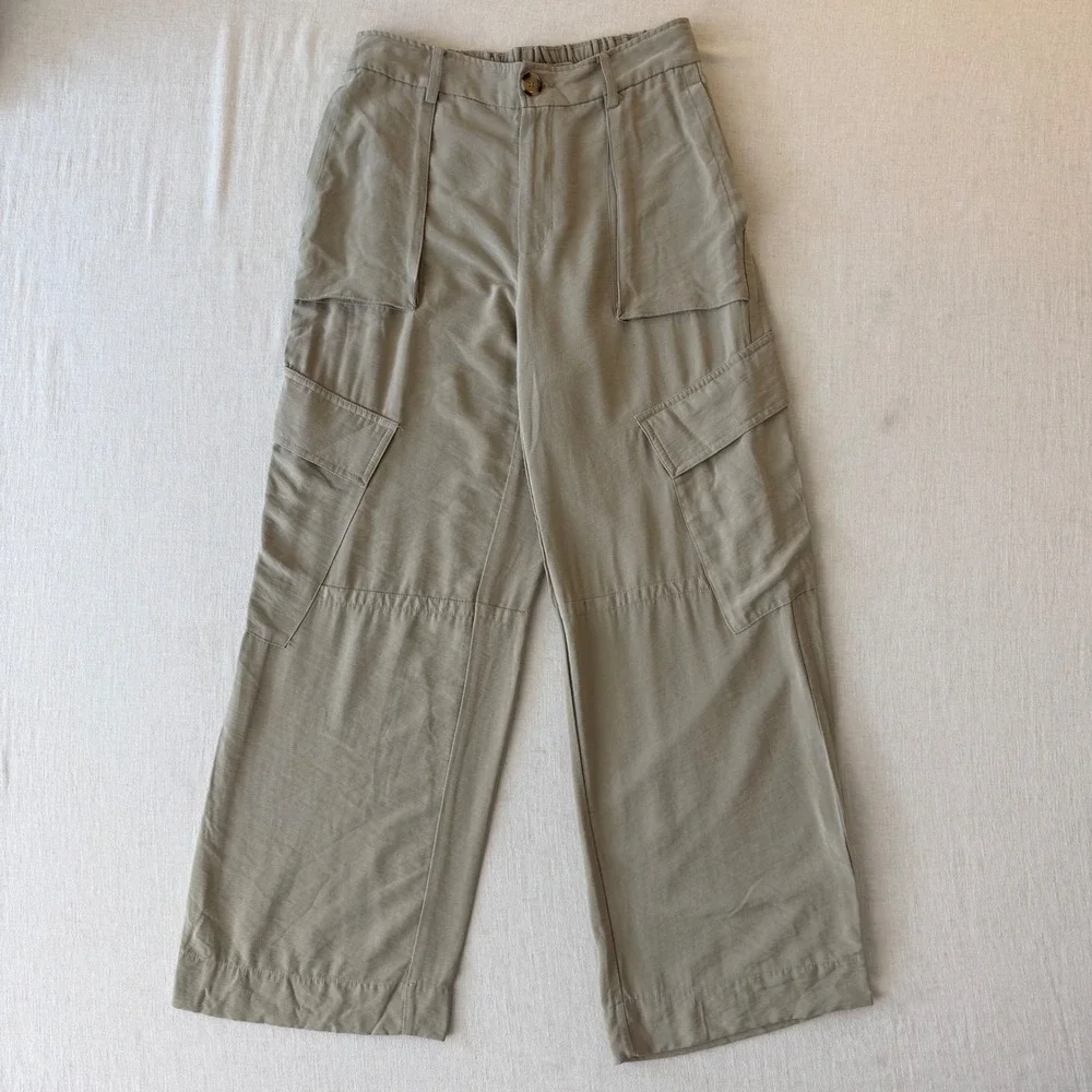 MNG Mango Cargo Pants Woman 6 Beige Wide Leg Lightweight Utility Casual Trousers